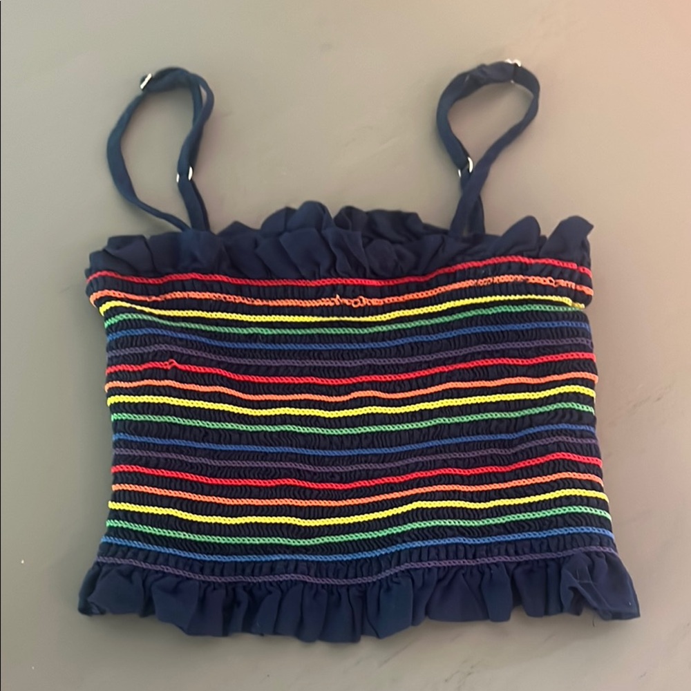 Vintage Havana navy and rainbow stretchy tube top with Ruffle Trim